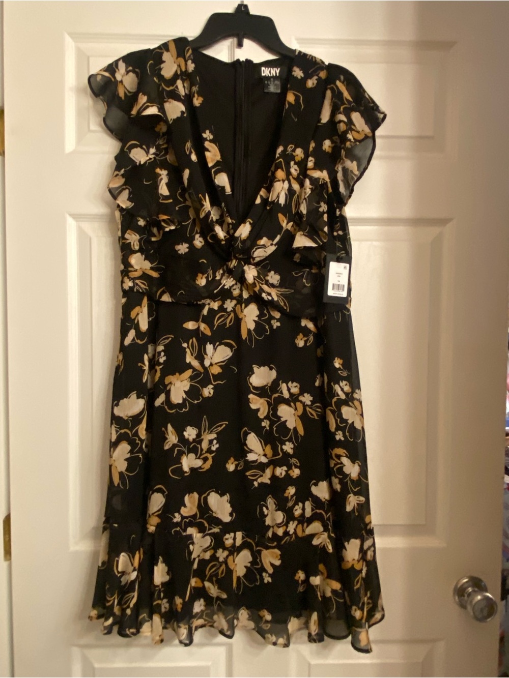 DKNY Perfect Fall Midi Dress with Black/Beige print lined chiffon layers 14 NWT